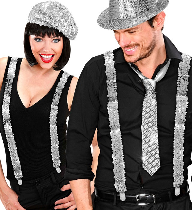 Silberne Hosenträger mit Pailletten glänzend für Fasnacht und Karneval