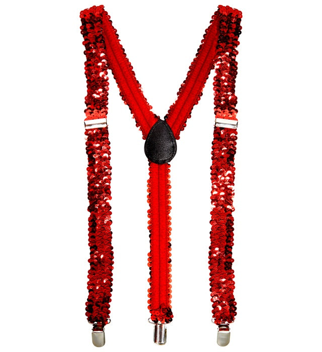 Rote Paillettenhosenträger mit glänzenden Pailletten als Fasnacht-Accessoire