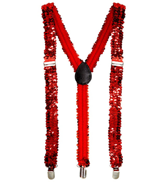 Rote Paillettenhosenträger mit glänzenden Pailletten als Fasnacht-Accessoire