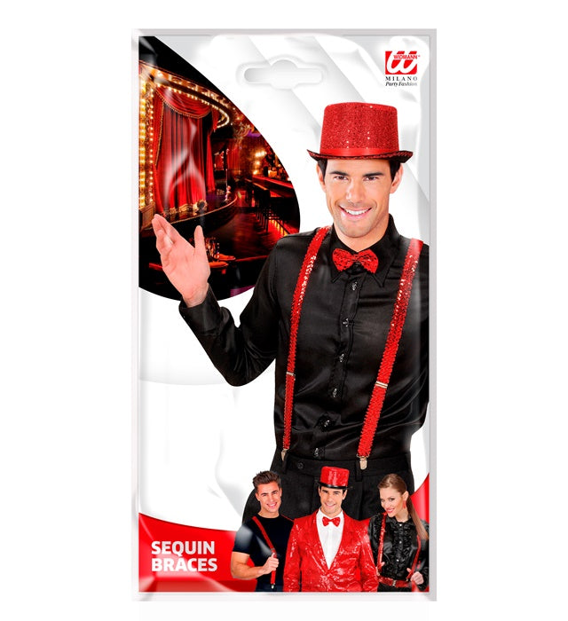 Rote Paillettenhosenträger mit glänzenden Pailletten als Fasnacht-Accessoire