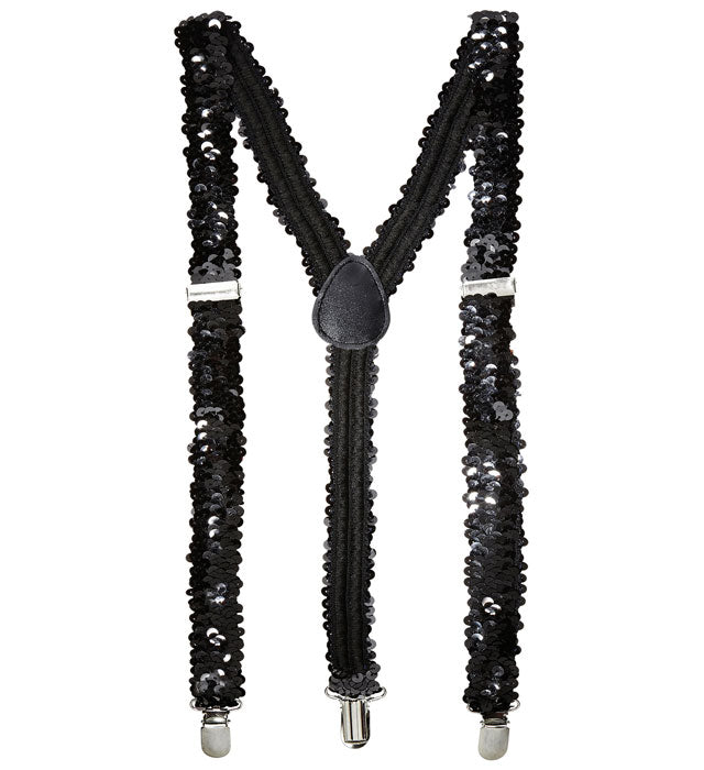Schwarze Paillettenhosenträger mit verstellbaren Clips auf weißem Hintergrund