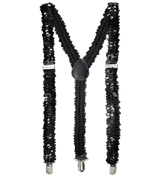 Schwarze Paillettenhosenträger mit verstellbaren Clips auf weißem Hintergrund