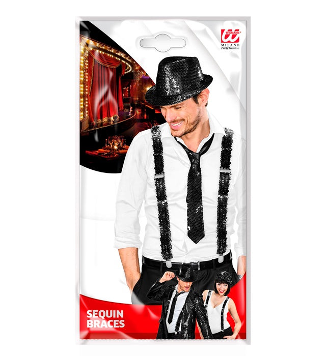 Schwarze Paillettenhosenträger mit verstellbaren Clips auf weißem Hintergrund