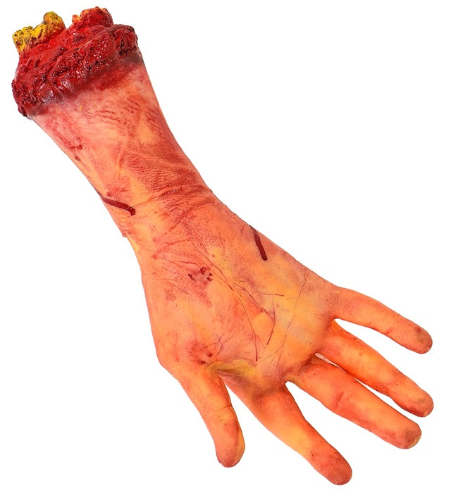Lebensgroße abgehackte Hand aus Kunststoff in 32 cm Länge als Halloween-Deko