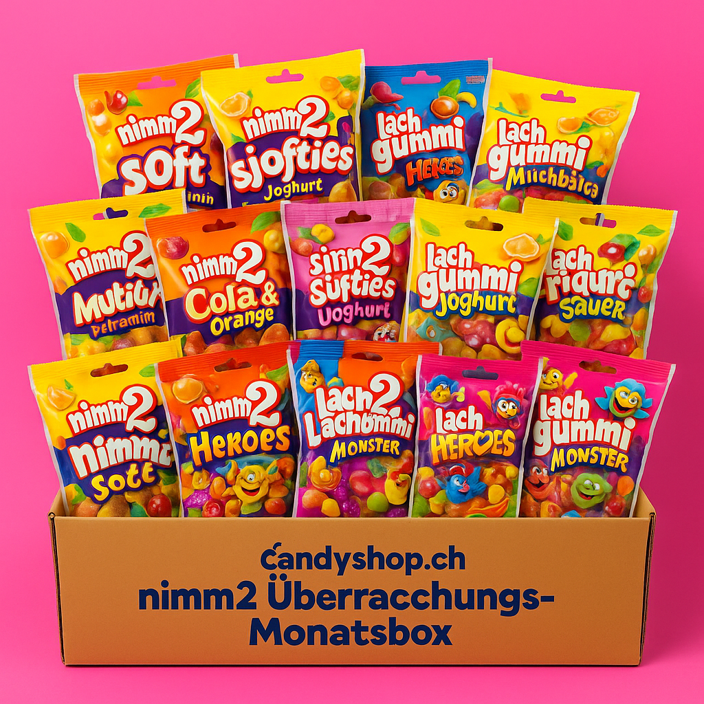 Bunte Nimm2 Fruchtgummi Monatsbox mit verschiedenen Fruchtgummis in bunter Verpackung