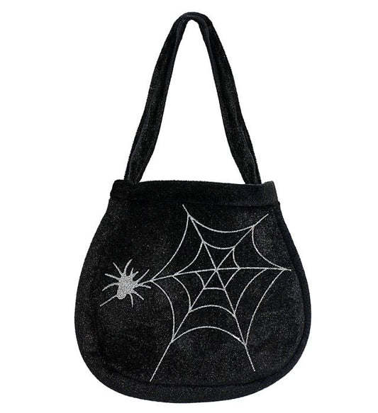 "TASCHE MIT SPINNE UND SPINNENNETZ" aus Samt Schwarz