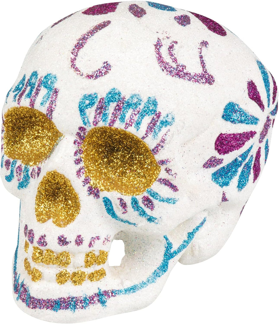 Boland Glitzer Totenkopf Sugar Skull in Weiss Gold Pink Blau 16x13 cm Halloween Dekoration