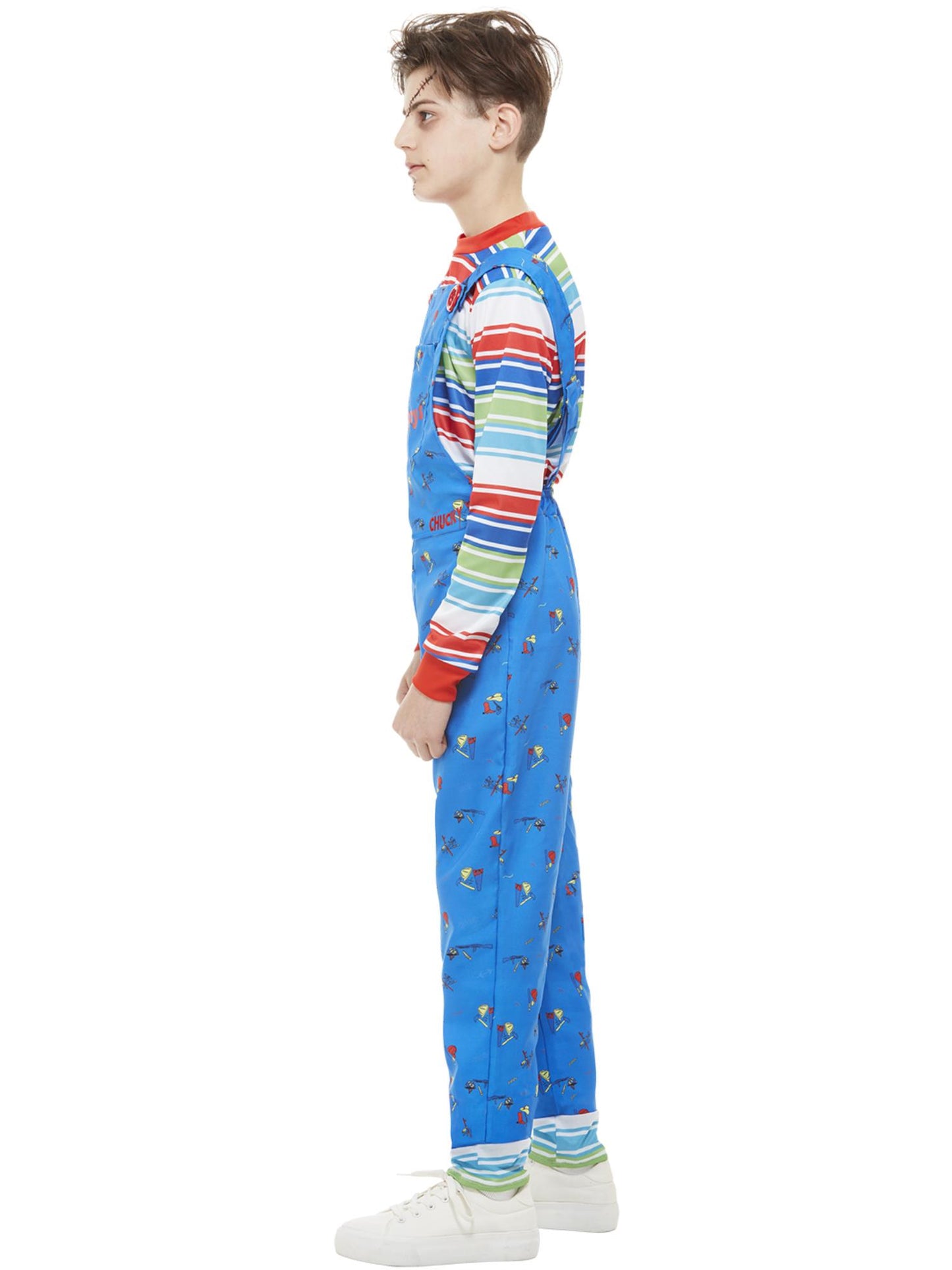 Smiffys Chucky Kostüm für Jungen in Blau mit Latzhose und Oberteil – Seitenansicht