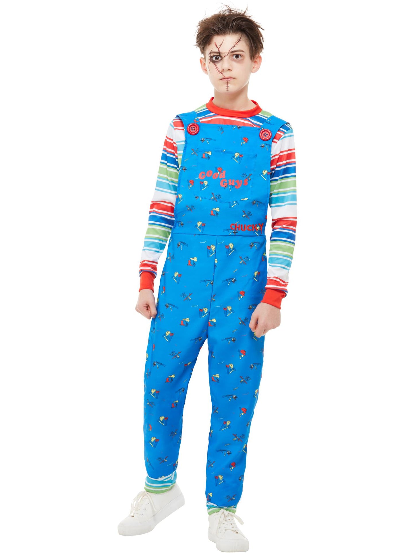 Smiffys Chucky Kostüm für Jungen in Blau mit Latzhose und Oberteil – Produktansicht