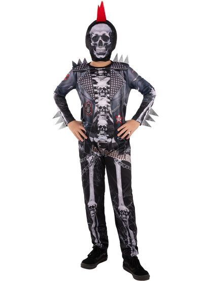 Smiffys Punk-Skeleton-Kostüm für Jungen in Schwarz mit Kapuzenmaske – Produktansicht