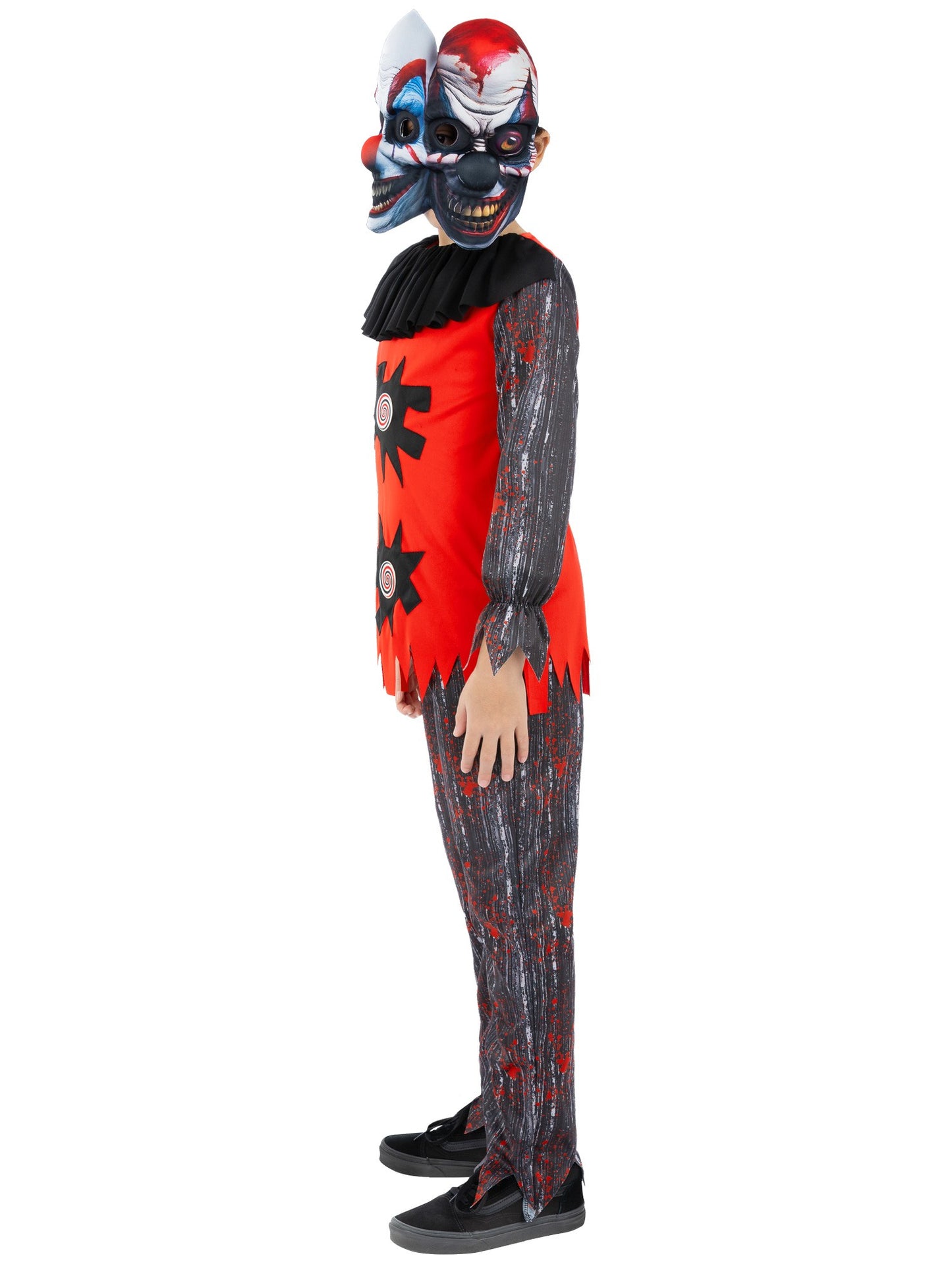 Smiffys 2 Headed Chuckles Clownkostüm für Jungen mit Top, Hose und Maske – Seitenansicht