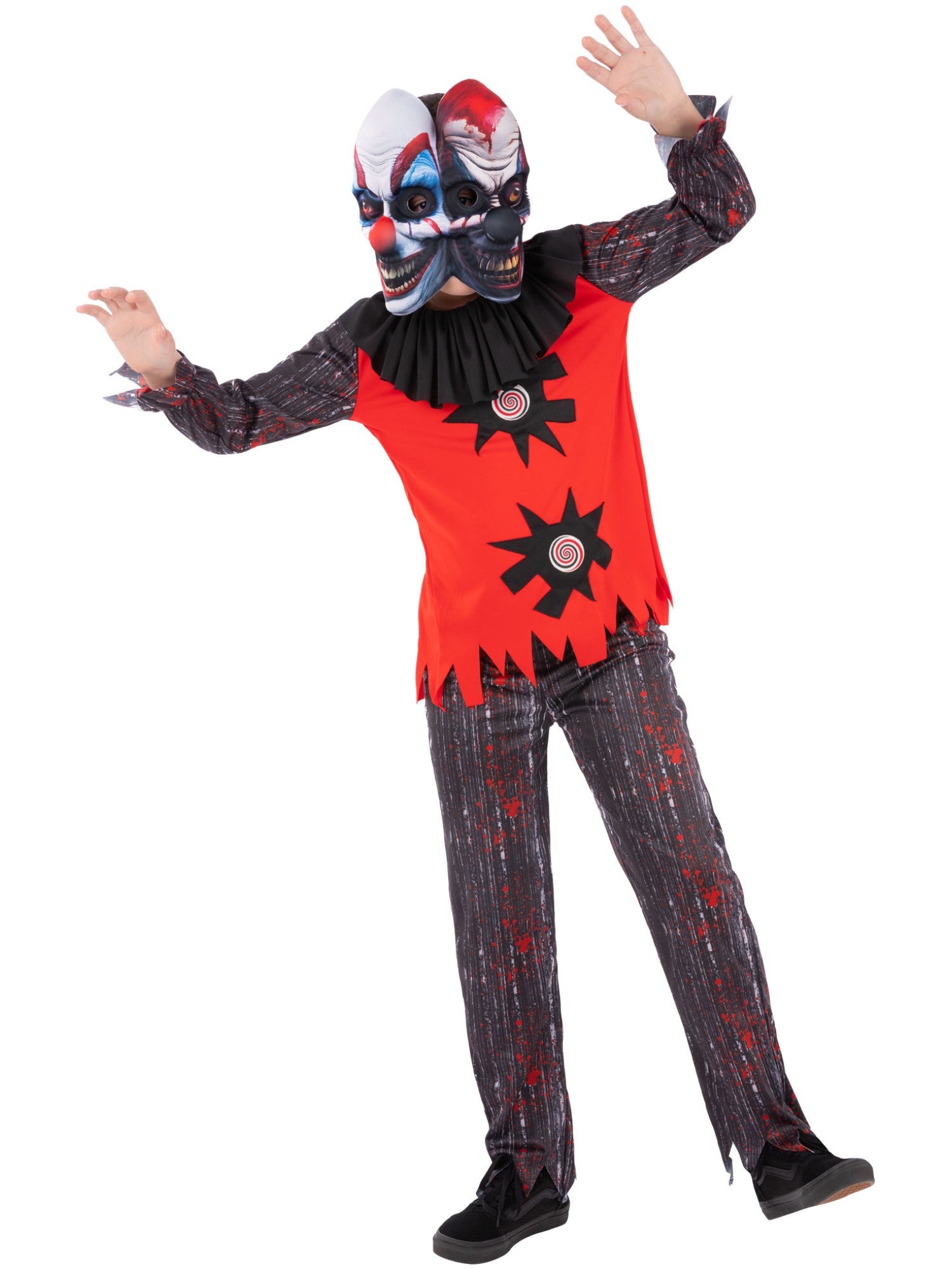Smiffys 2 Headed Chuckles Clownkostüm für Jungen mit Top, Hose und Maske – Produktansicht