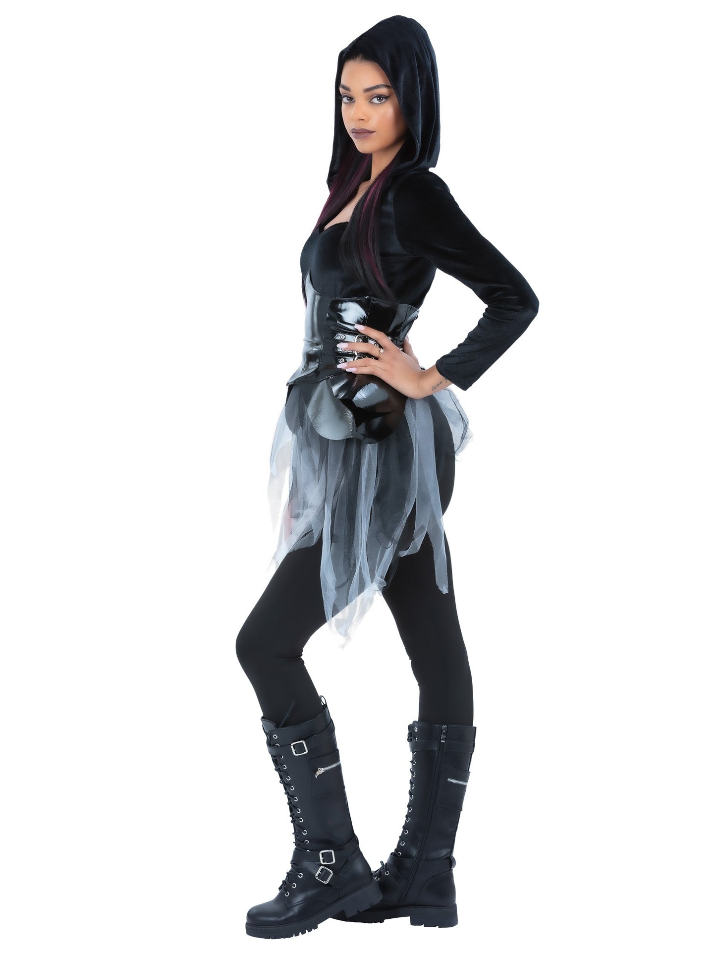 Smiffys Dark Warrior Kostüm für Damen in Schwarz mit Korsett-Detail – Seitenansicht