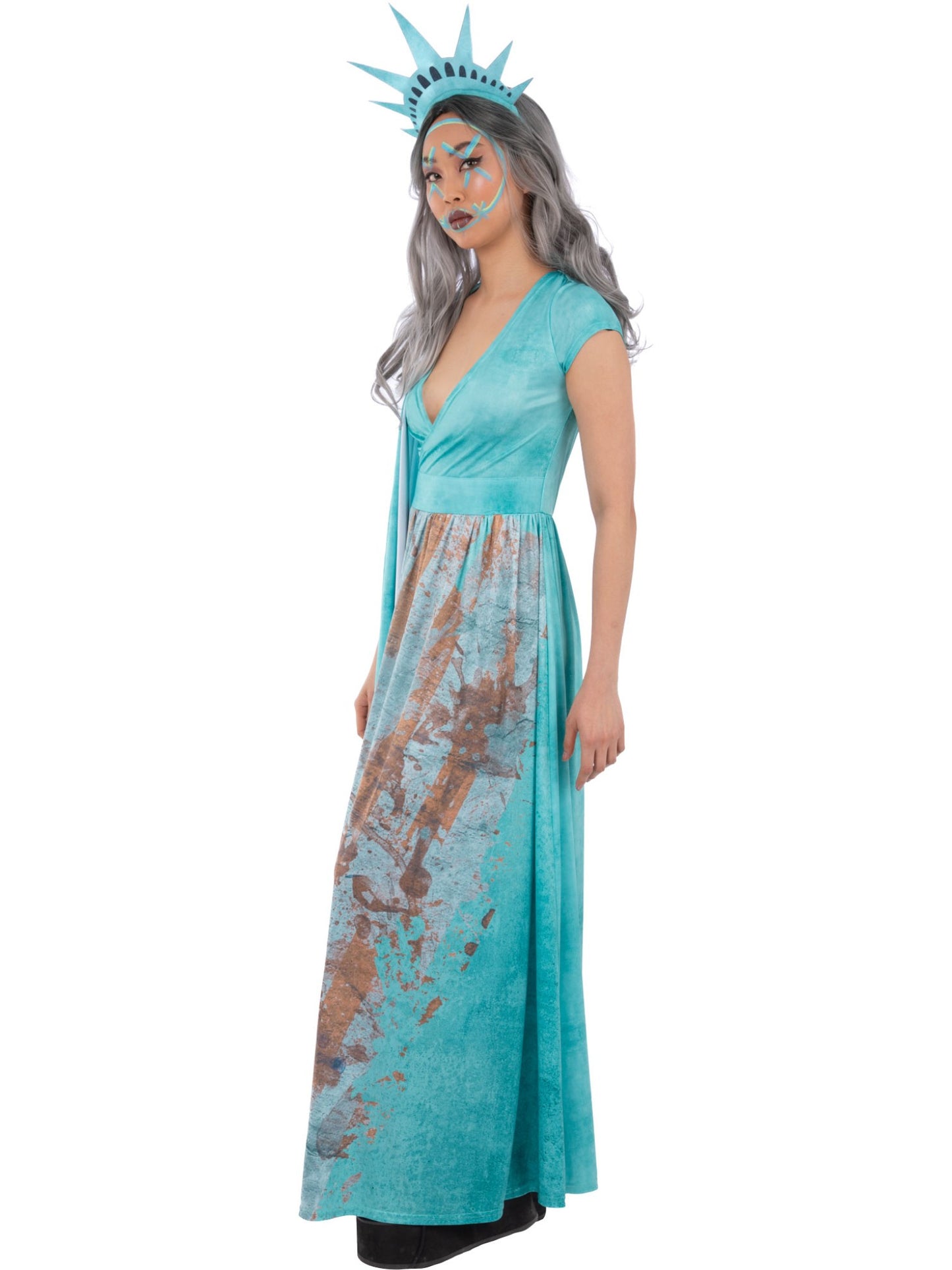 Smiffys Liberty Death Kostüm für Damen in Blau mit Kleid und Headpiece – Seitenansicht
