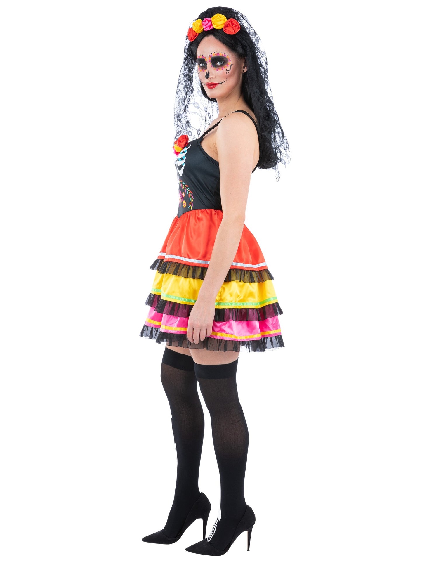 Smiffys Day of the Dead Fiesta Kostüm für Damen mit Kleid und Rosen-Haarband – Seitenansicht