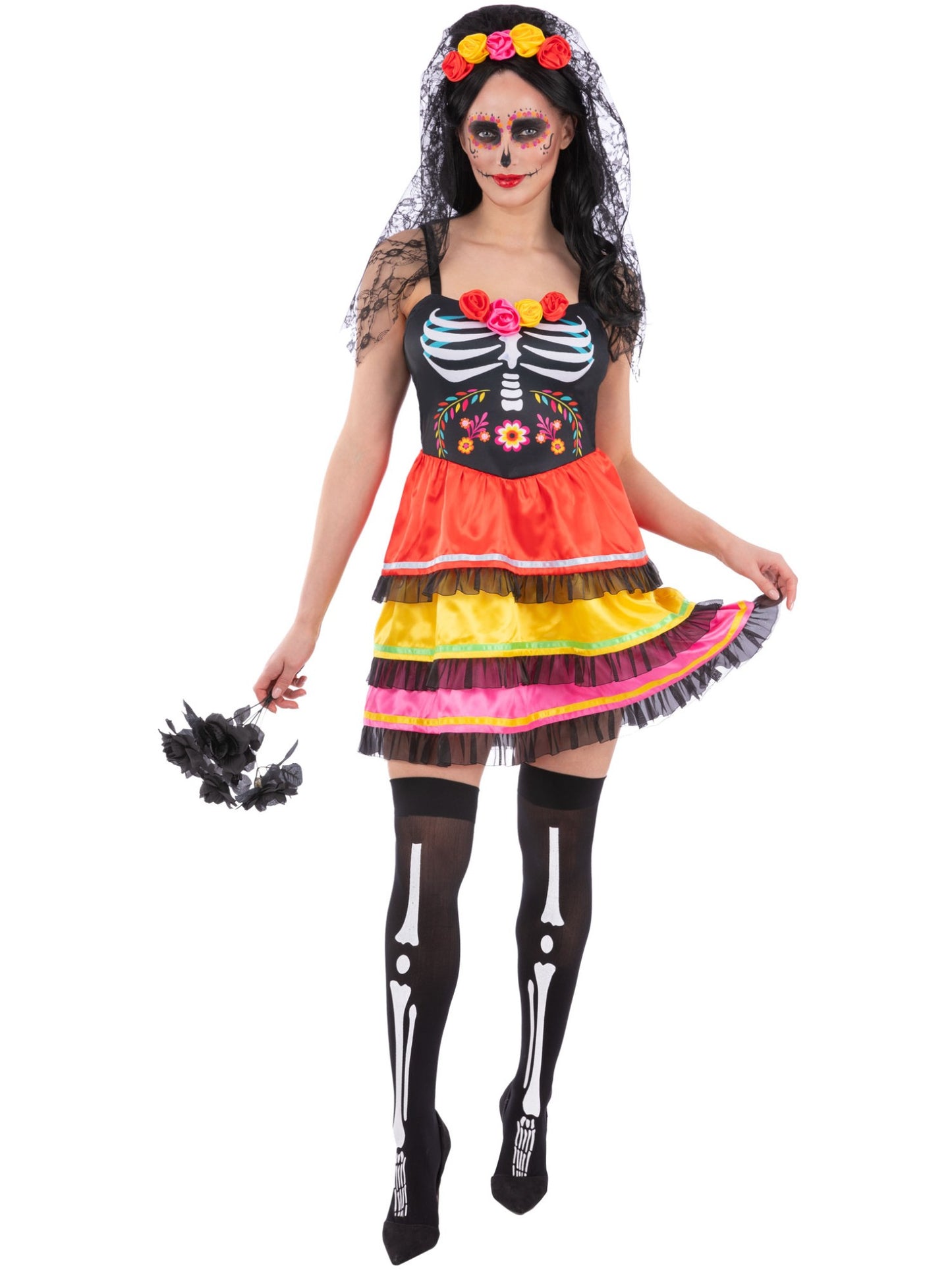 Smiffys Day of the Dead Fiesta Kostüm für Damen mit Kleid und Rosen-Haarband – Produktansicht