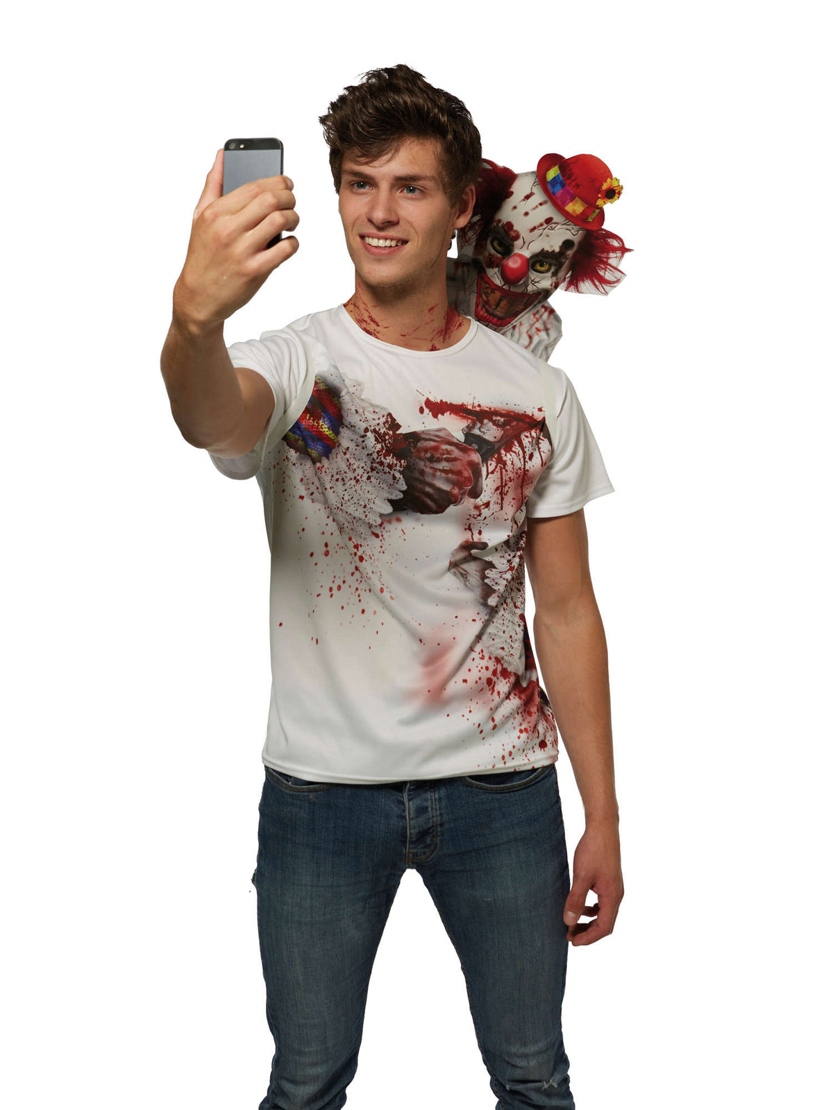Rubies CLOWN SELFIE SHOCKER Clownkostüm für Herren mit Shirt und Papp-Requisite – Produktansicht