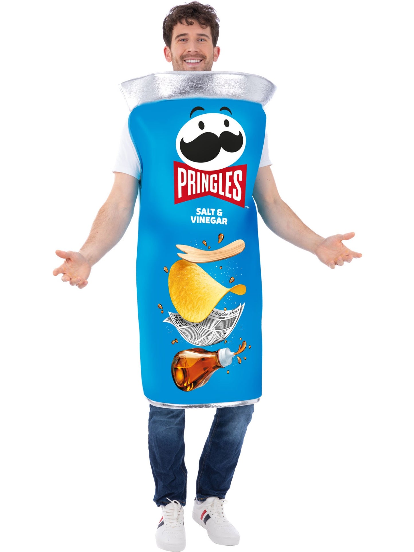 Smiffys Pringles Salt & Vinegar Dosenkostüm blaues Tabard für Erwachsene – Produktansicht