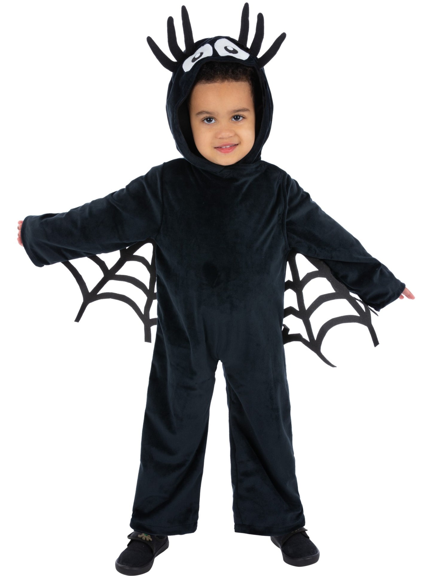 Smiffys Spider Kostüm für Kleinkinder in Schwarz mit Kapuzen-Overall und Web Wings