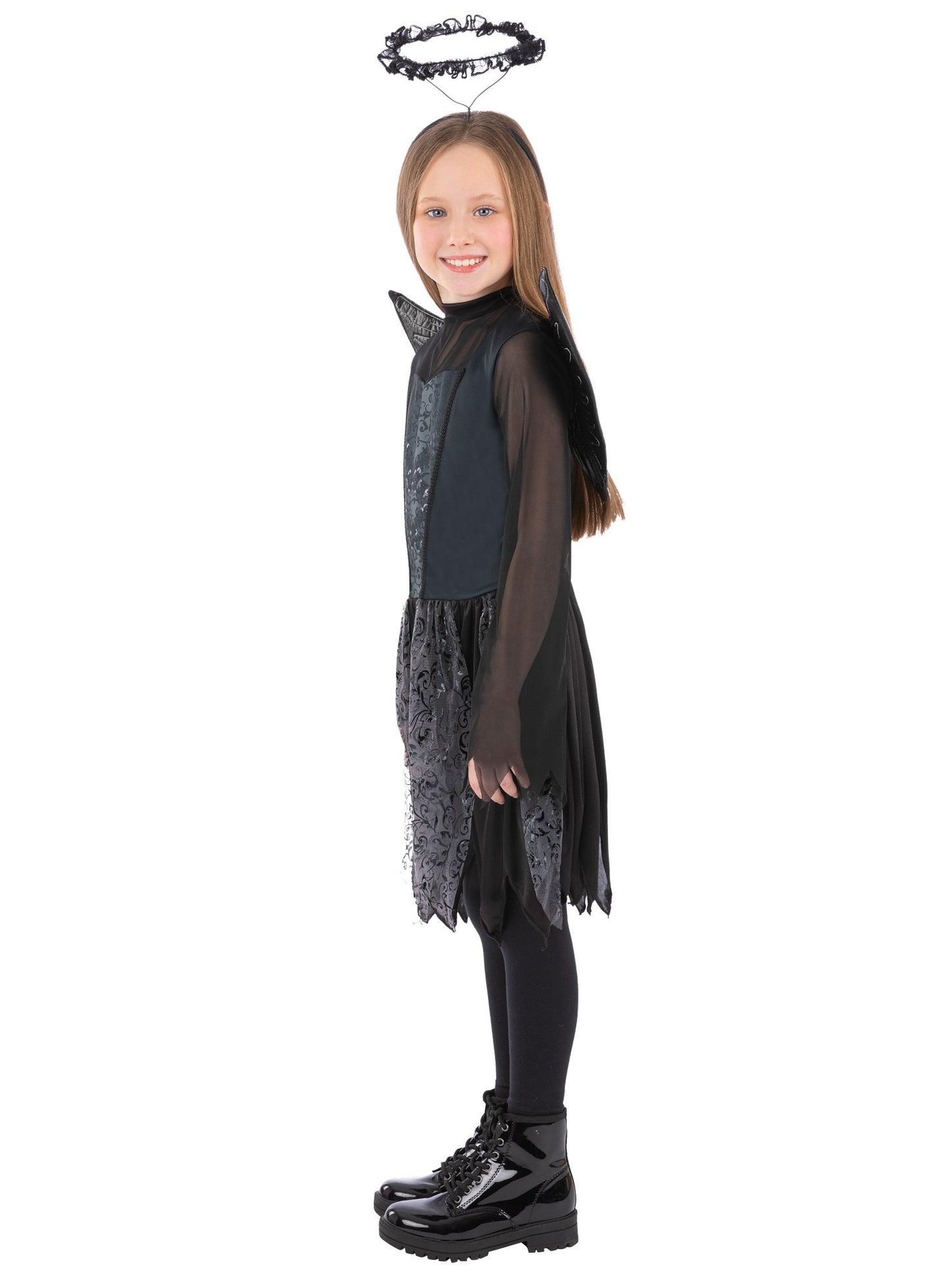 Smiffys Dark Angel Kostüm für Mädchen mit Kleid, Flügeln und Heiligenschein – Seitenansicht