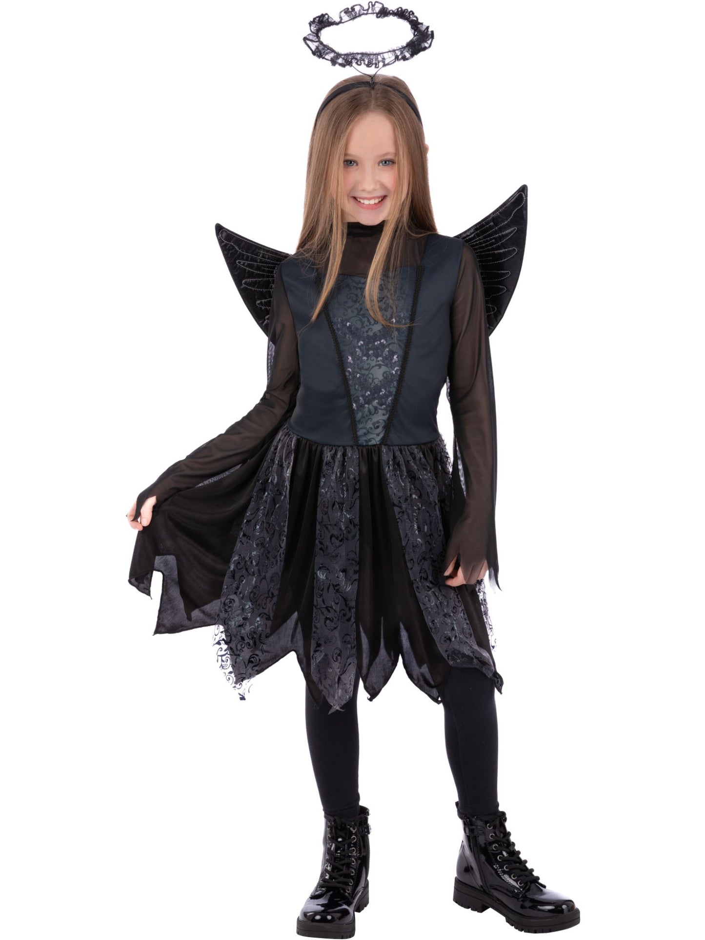 Smiffys Dark Angel Kostüm für Mädchen mit Kleid, Flügeln und Heiligenschein – Produktansicht