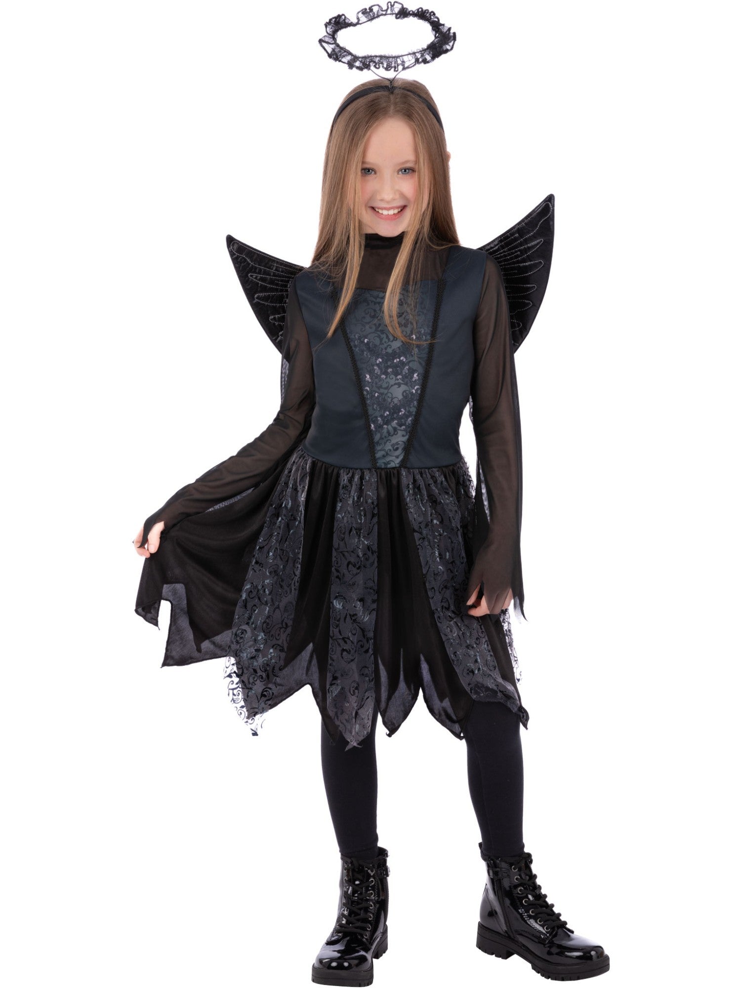 Smiffys Dark Angel Kostüm für Mädchen mit Kleid, Flügeln und Heiligenschein – Produktansicht