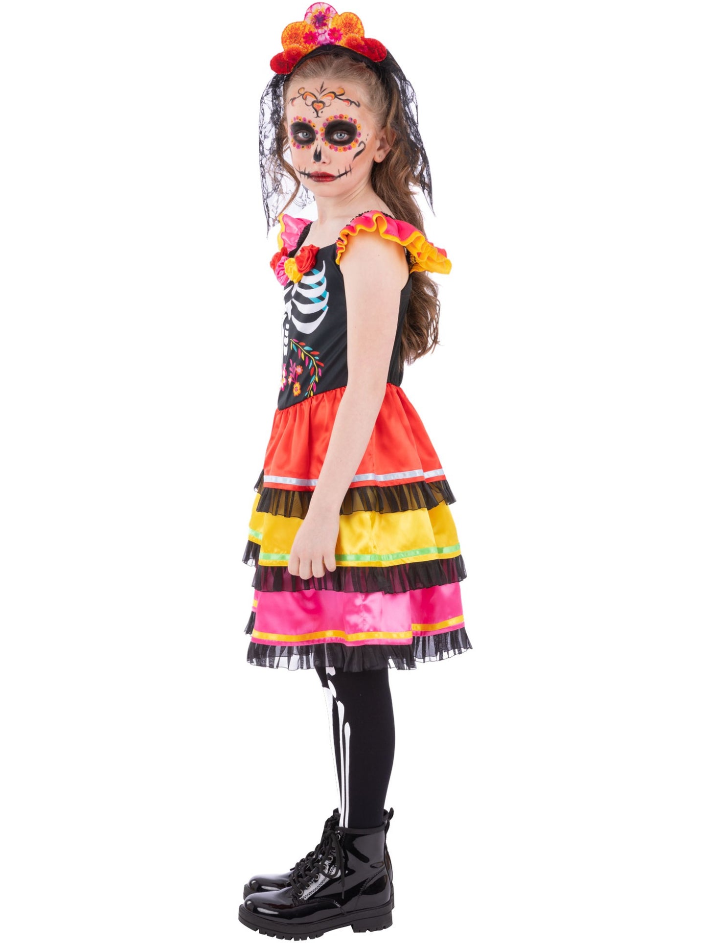 Smiffys Skeleton Day of the Dead Kostüm für Mädchen mit Kleid und Rosen-Haarband – Seitenansicht