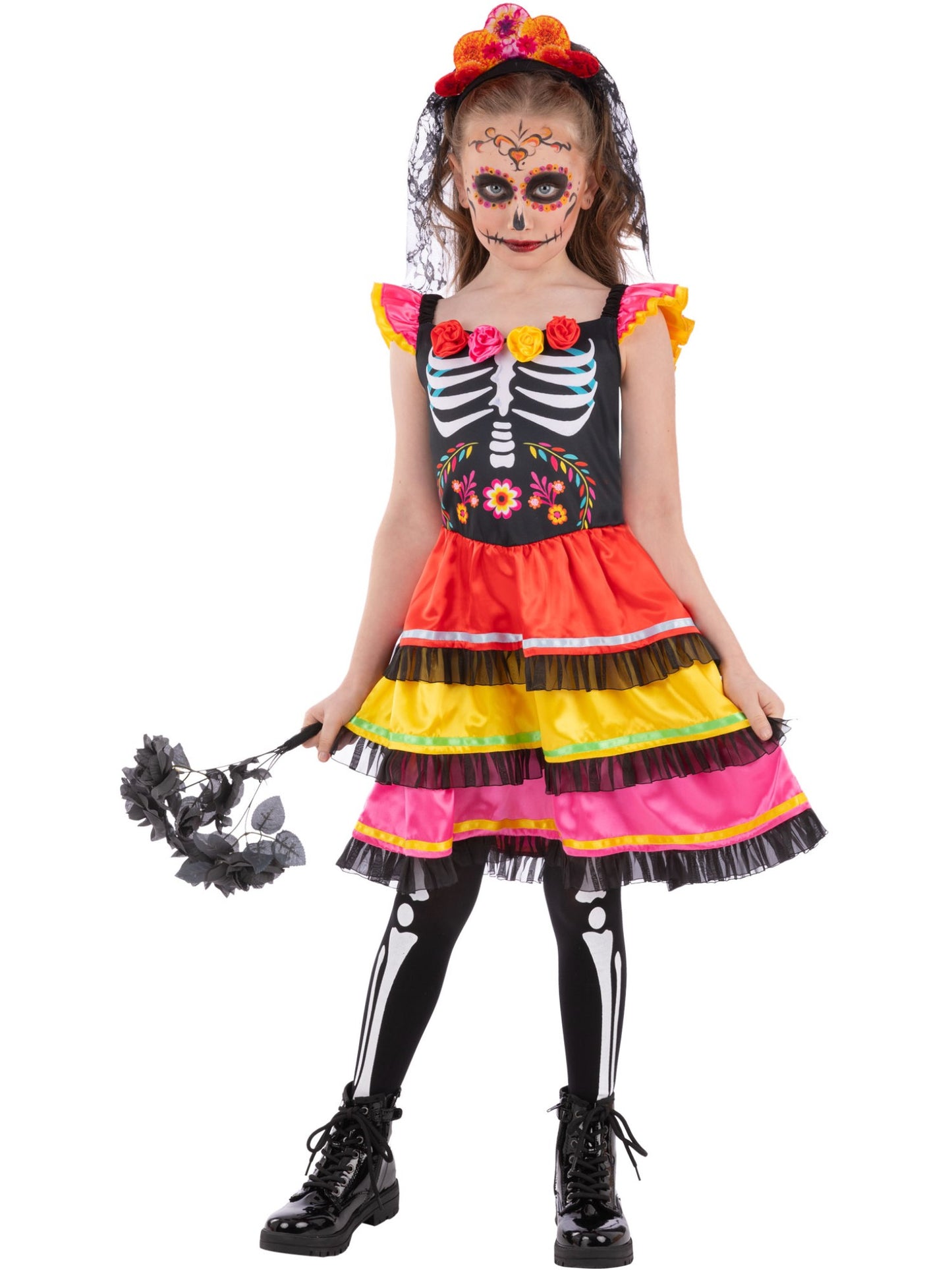Smiffys Skeleton Day of the Dead Kostüm für Mädchen mit Kleid und Rosen-Haarband – Produktansicht