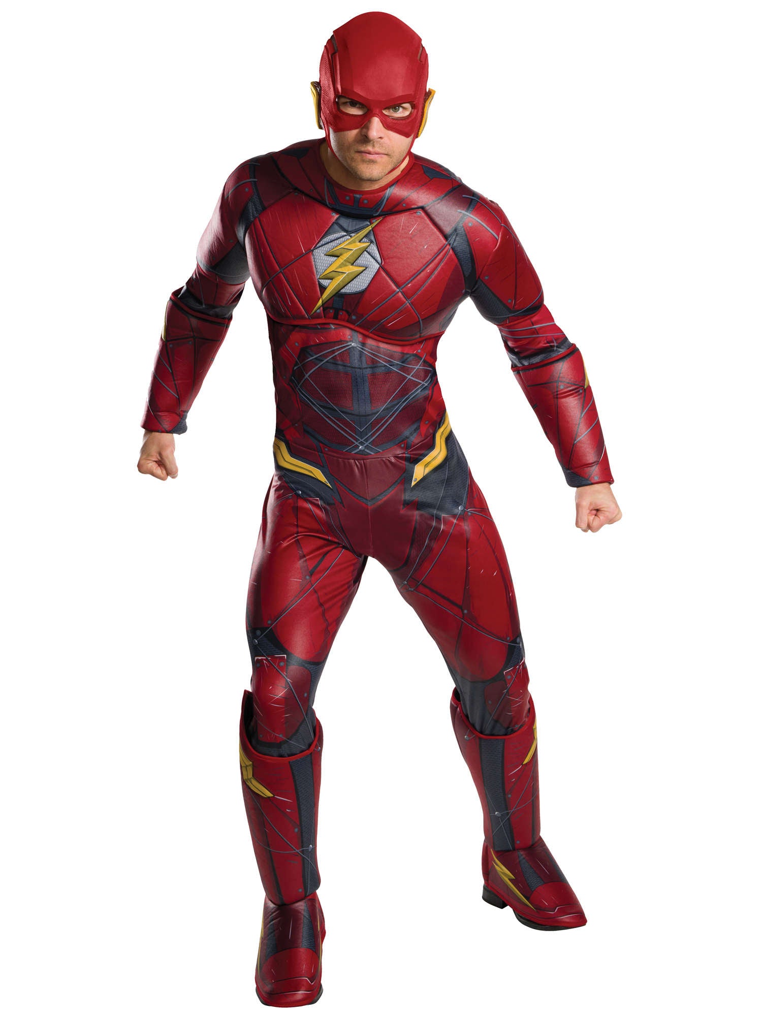 The Flash Deluxe Kostüm von Rubies für Herren mit gepolstertem Overall und Maske – Produktansicht