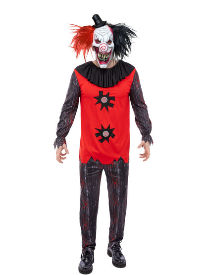 Smiffys Jester Chuckles Clownkostüm für Herren in Rot mit Top, Hose und Maske – Produktansicht