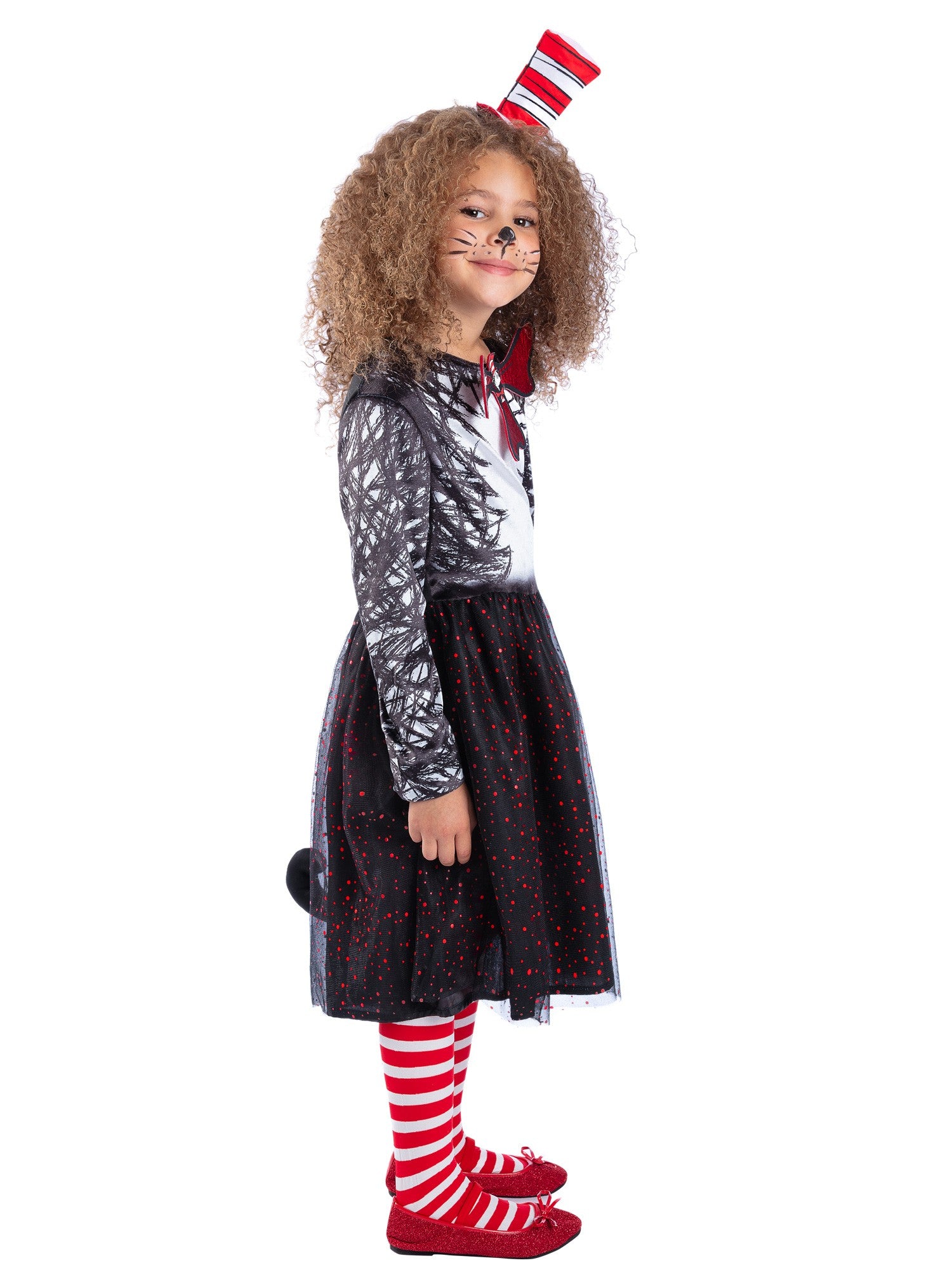 Smiffys Cat-in-the-Hat-Kostüm für Mädchen mit Kleid und Headband – Seitenansicht
