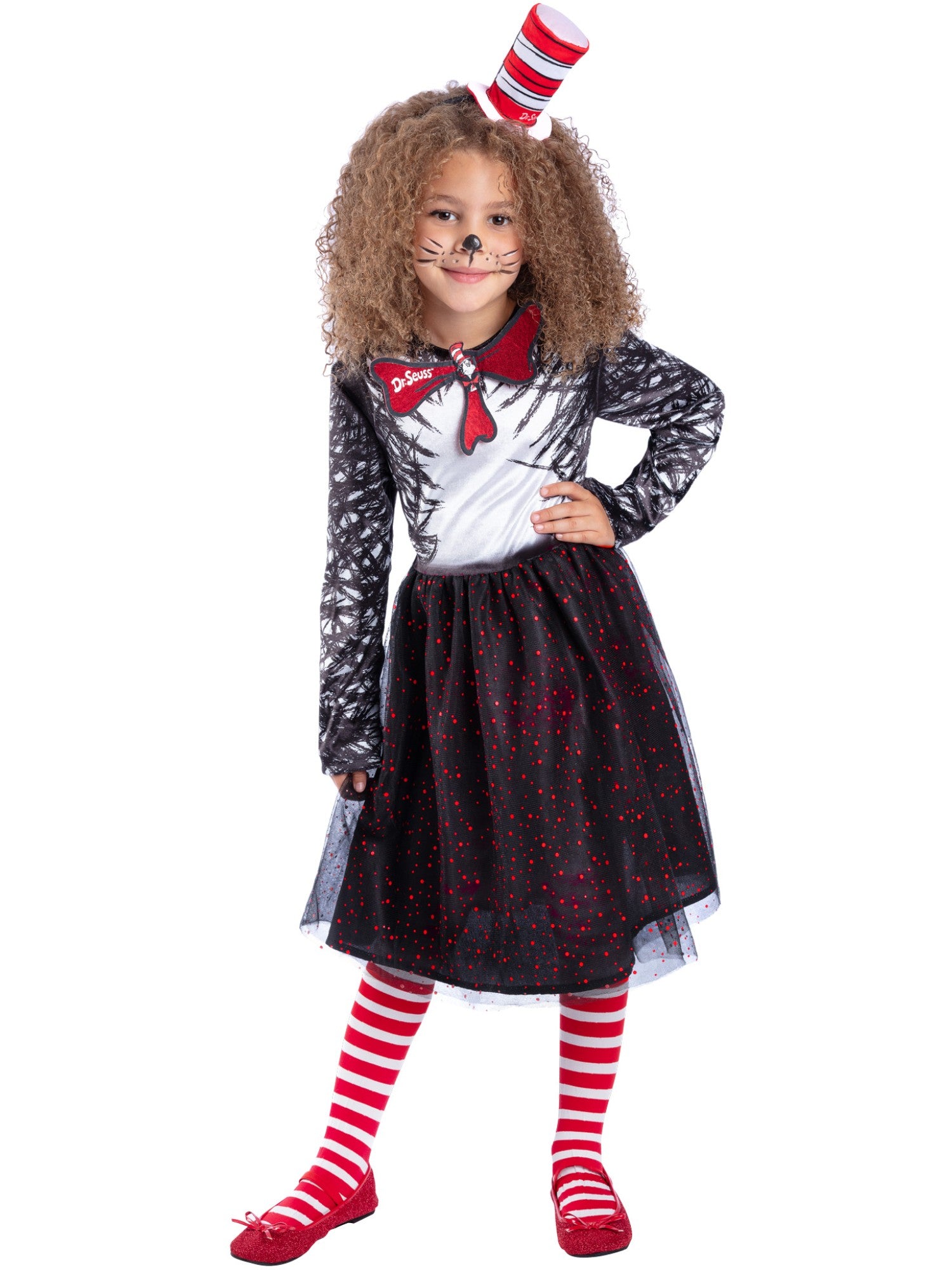 Smiffys Cat-in-the-Hat-Kostüm für Mädchen mit Kleid und Headband – Produktansicht