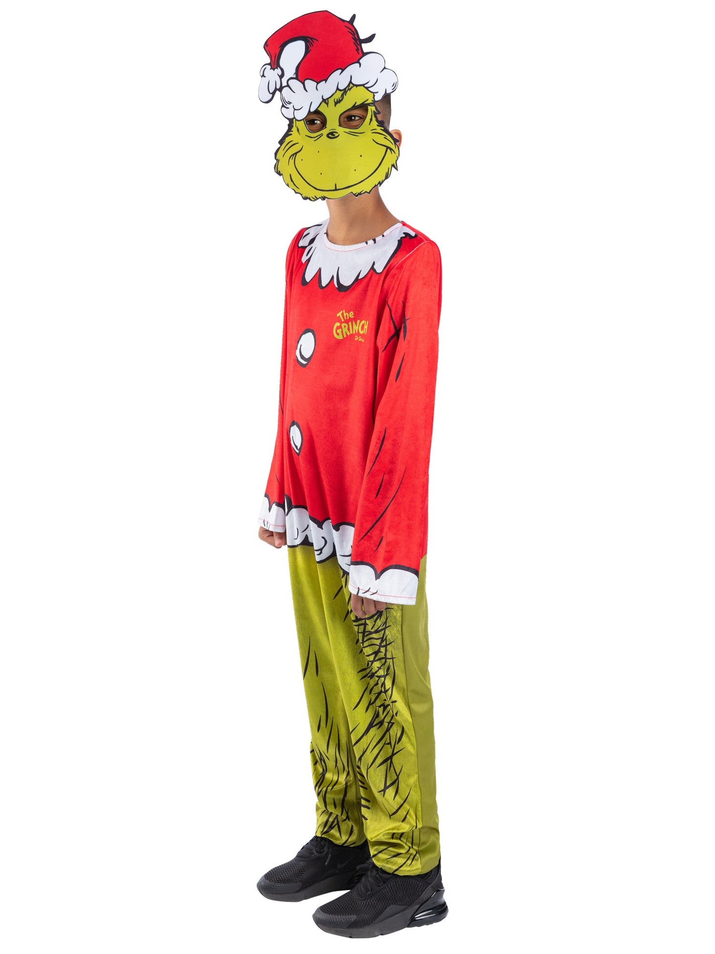 Smiffys Dr. Seuss The Grinch Santa-Kostüm für Kinder, grün, mit Overall und Maske – Seitenansicht