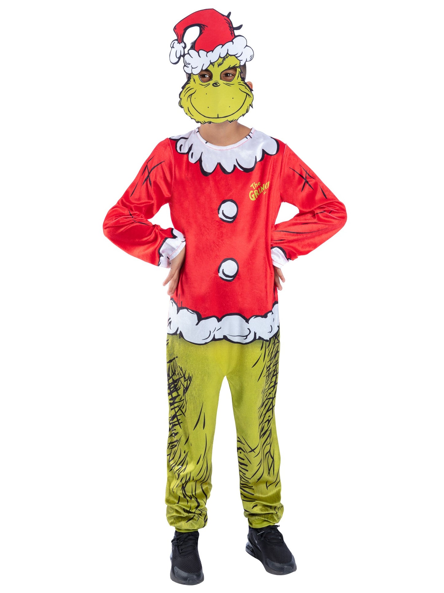 Smiffys Dr. Seuss The Grinch Santa-Kostüm für Kinder, grün, mit Overall und Maske – Produktansicht