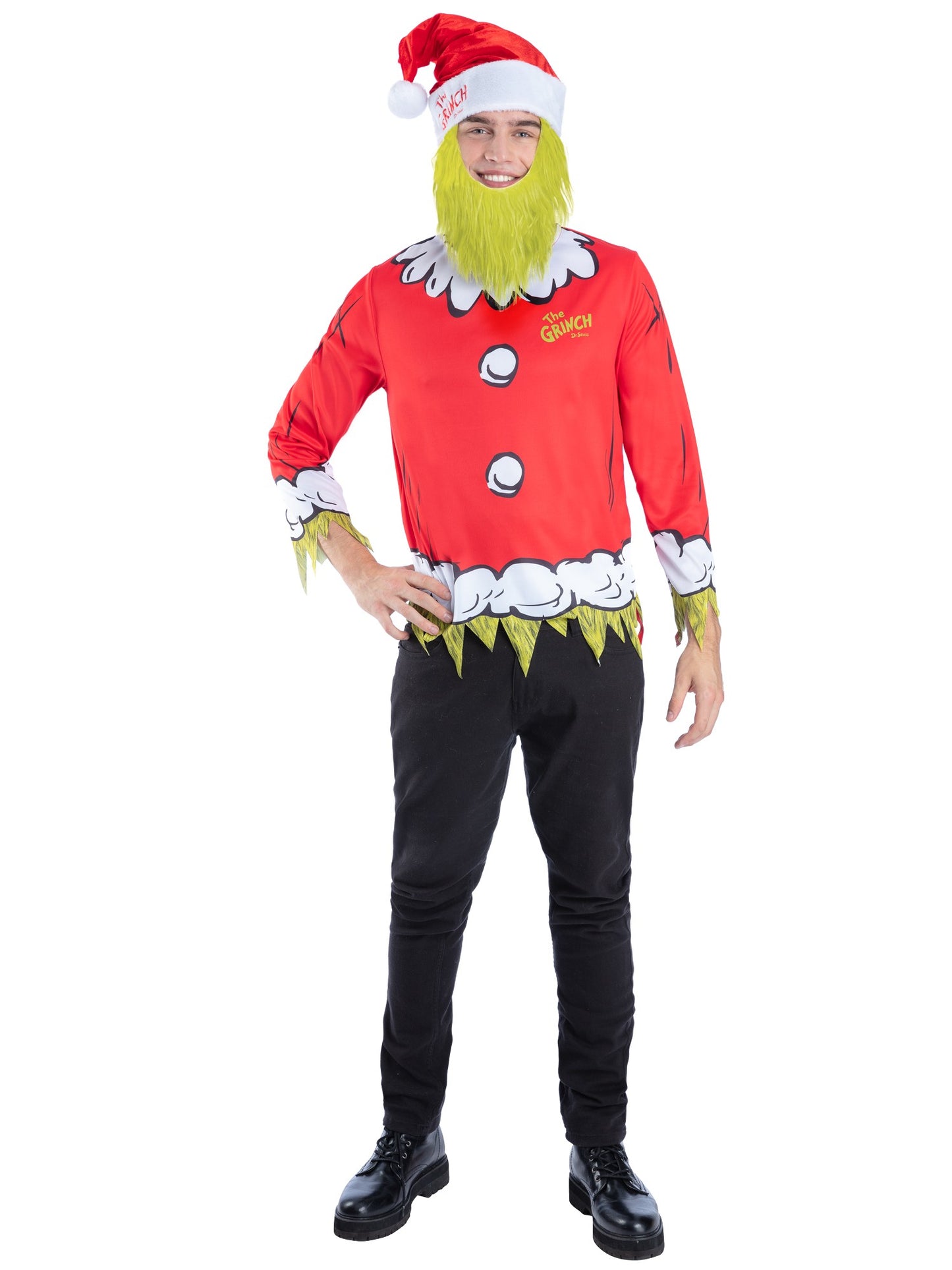 Smiffys Dr. Seuss The Grinch Santa-Kostümset für Herren mit Oberteil und Hut mit Bart – Produktansicht