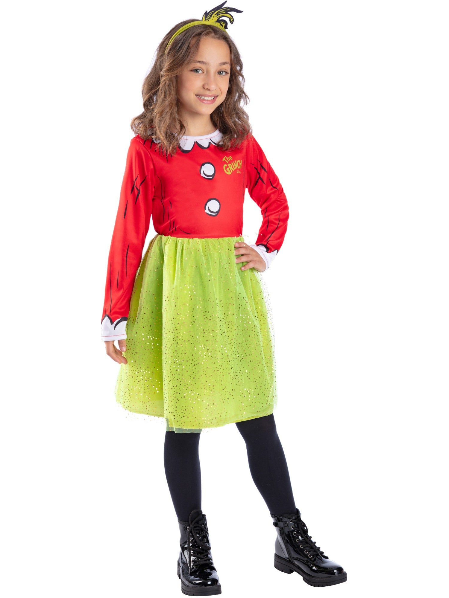 Smiffys Grinch Santa Kostüm für Mädchen mit Kleid und Headband – Produktansicht