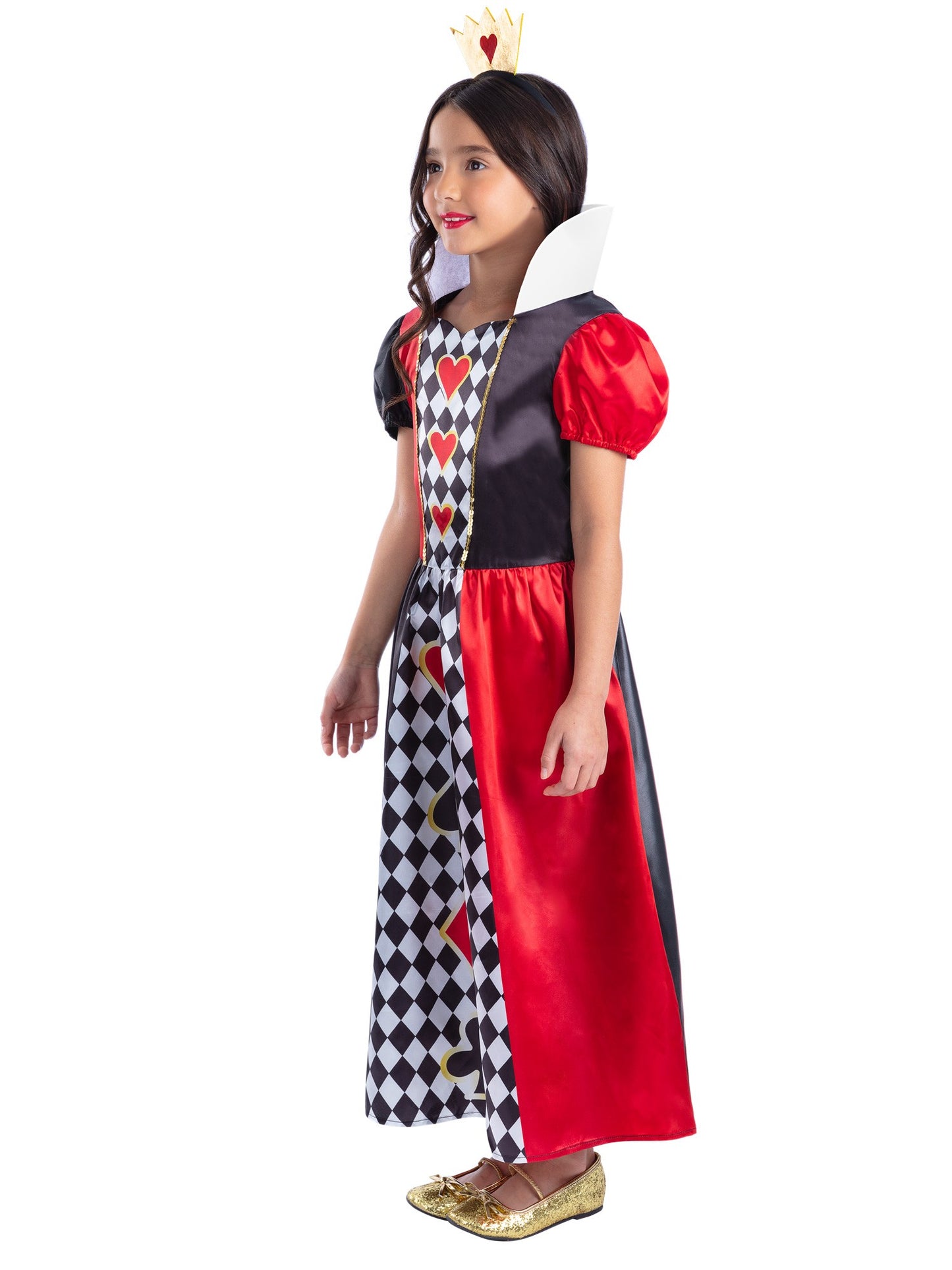 Smiffys Queen of Hearts Kostüm für Mädchen, goldfarbenes Kleid mit Headband – Seitenansicht