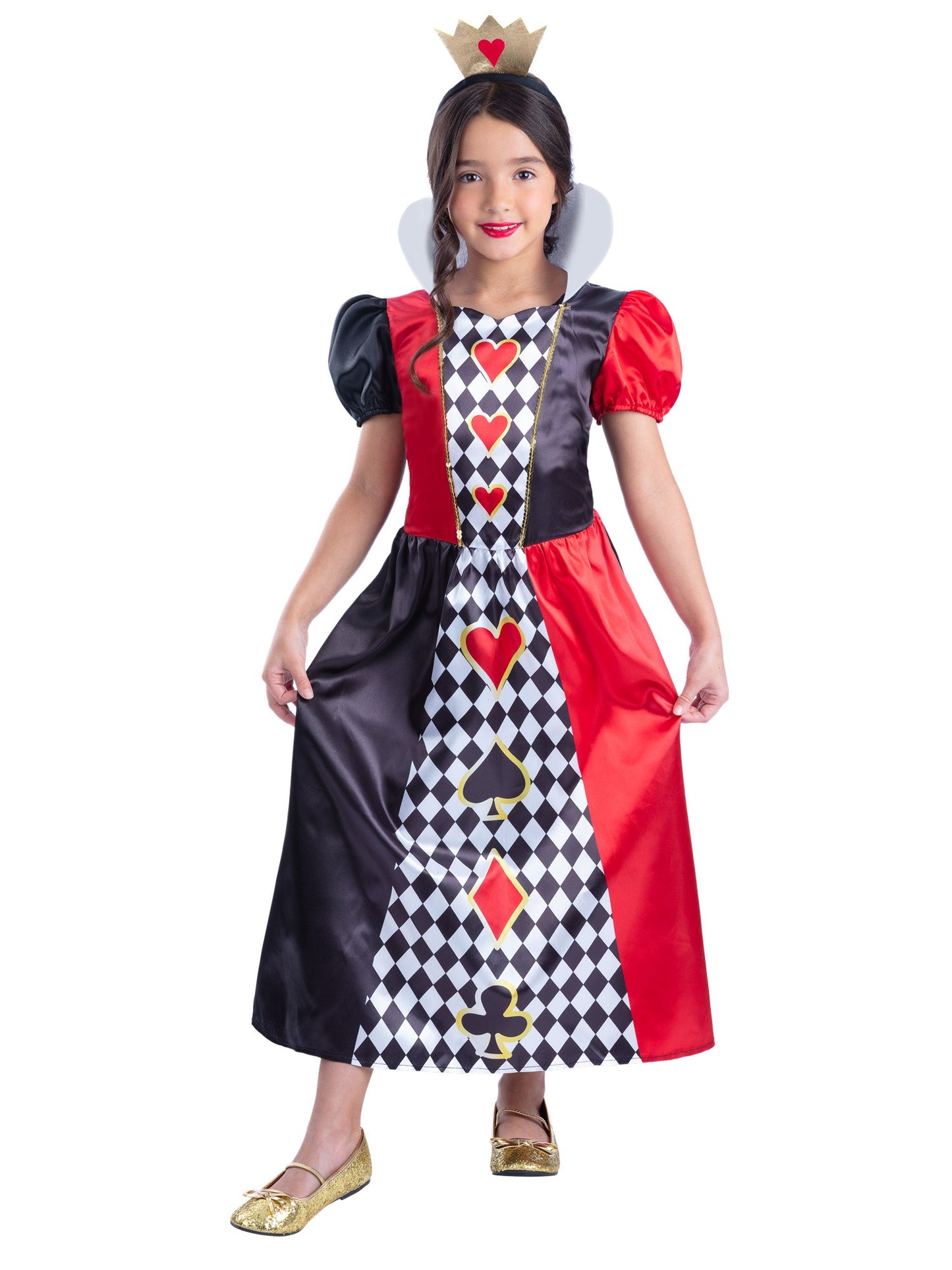 Smiffys Queen of Hearts Kostüm für Mädchen, goldfarbenes Kleid mit Headband – Produktansicht