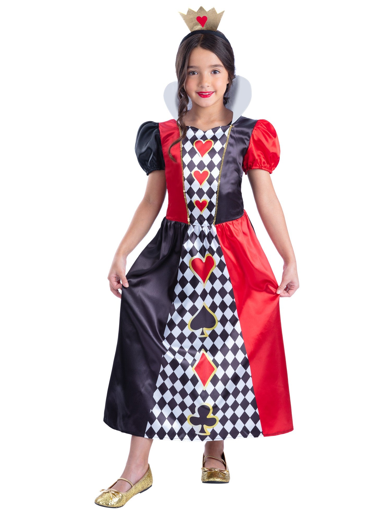 Smiffys Queen of Hearts Kostüm für Mädchen, goldfarbenes Kleid mit Headband – Produktansicht