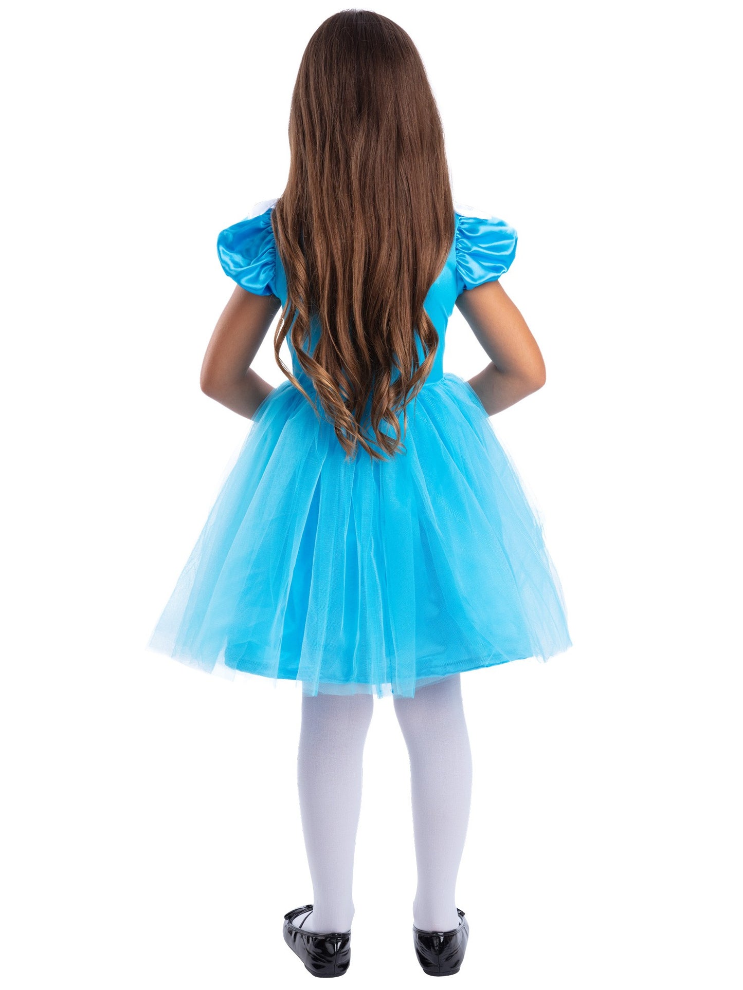 Smiffys Wonderland-Kostüm für Mädchen in Blau mit Kleid und Haarreif – Detailansicht