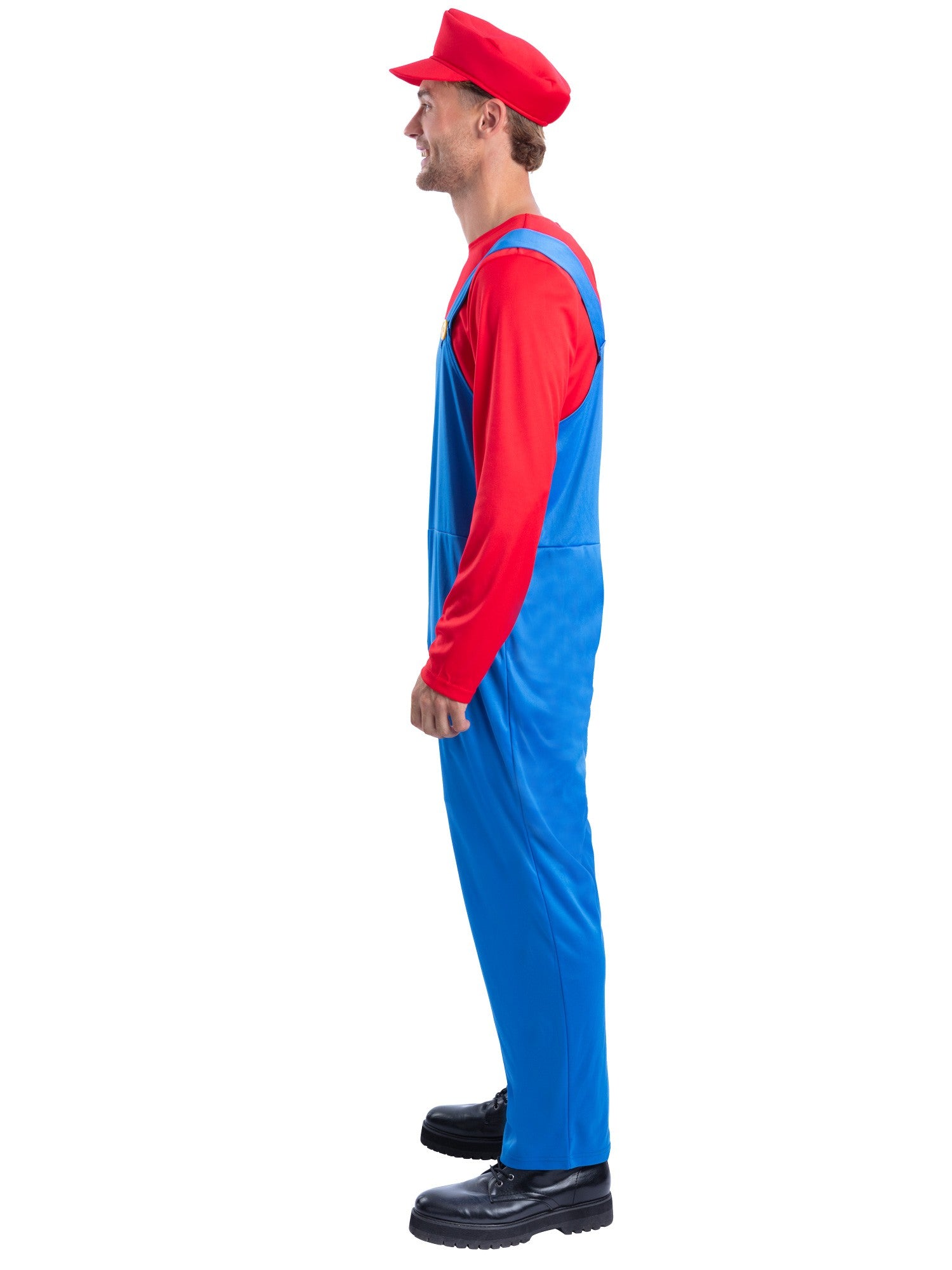 Smiffys Red Plumber Kostüm für Erwachsene mit Oberteil, Latzhose und Cap – Seitenansicht