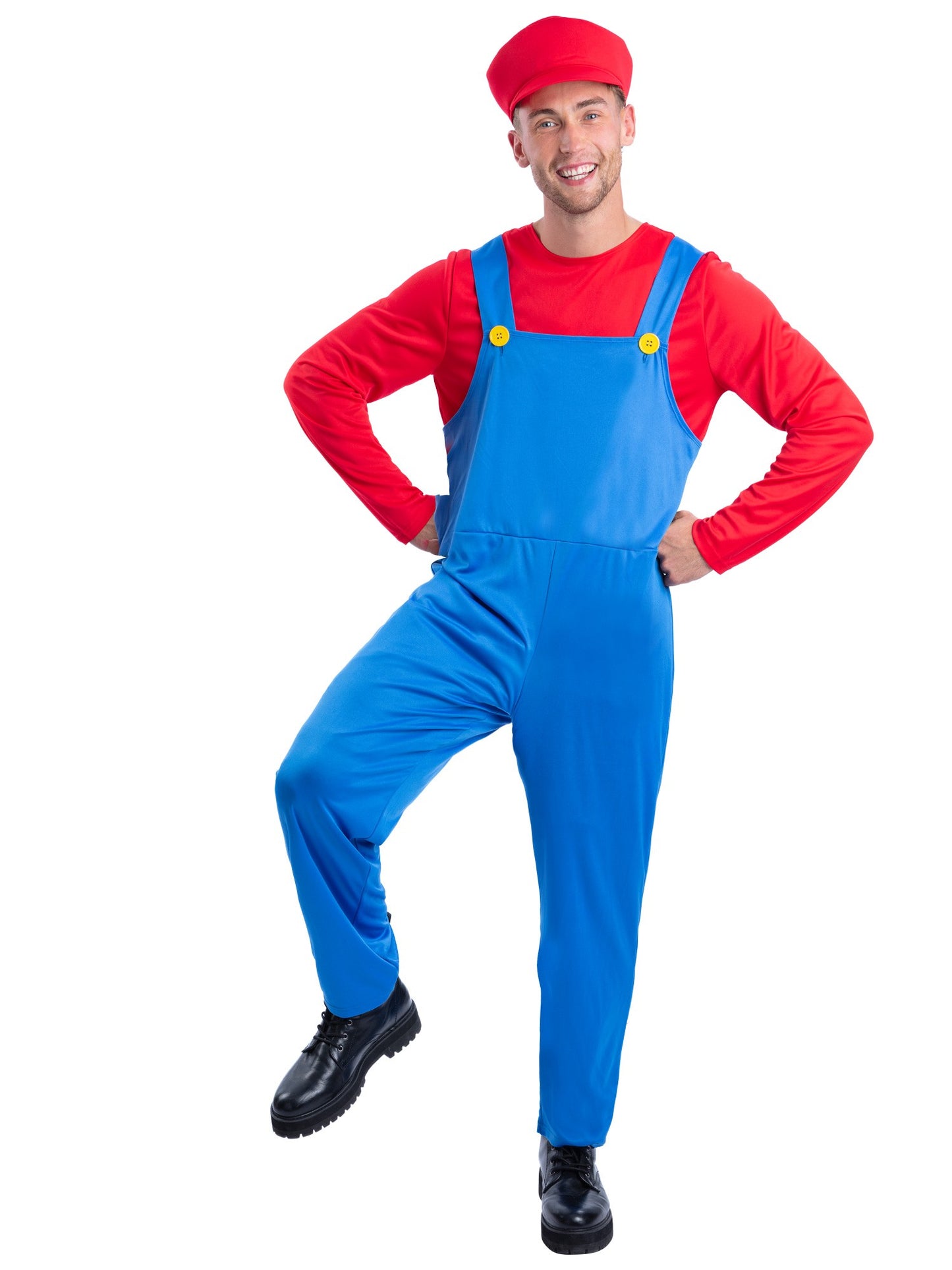 Smiffys Red Plumber Kostüm für Erwachsene mit Oberteil, Latzhose und Cap – Produktansicht