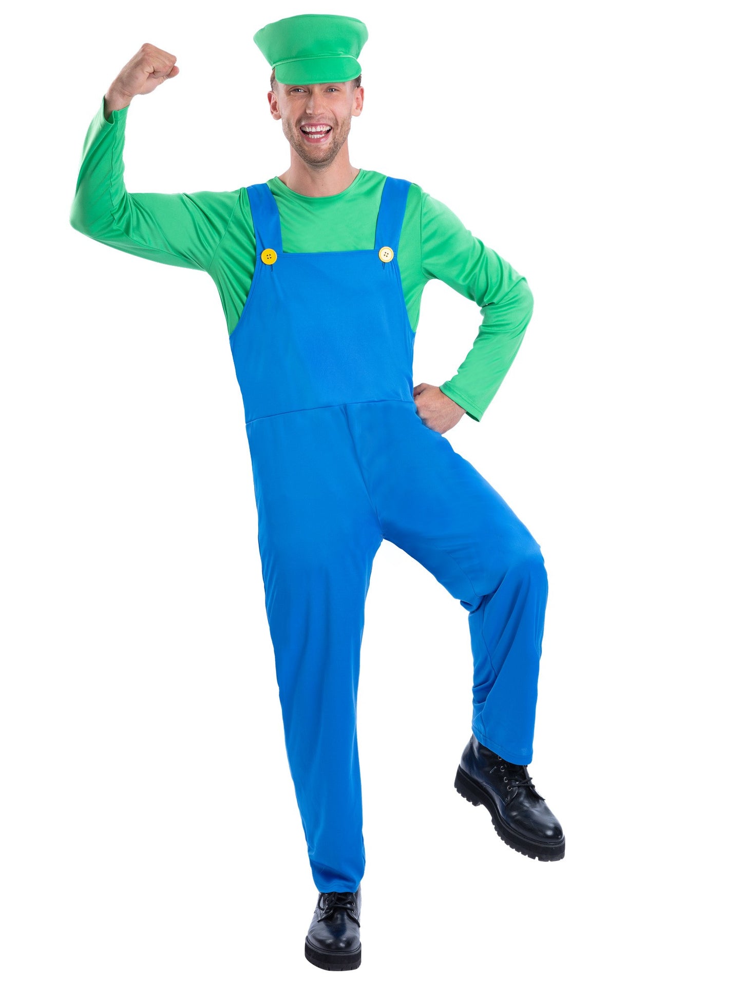 Smiffys Green Plumber Kostüm für Erwachsene mit Oberteil, Latzhose und Cap – Produktansicht