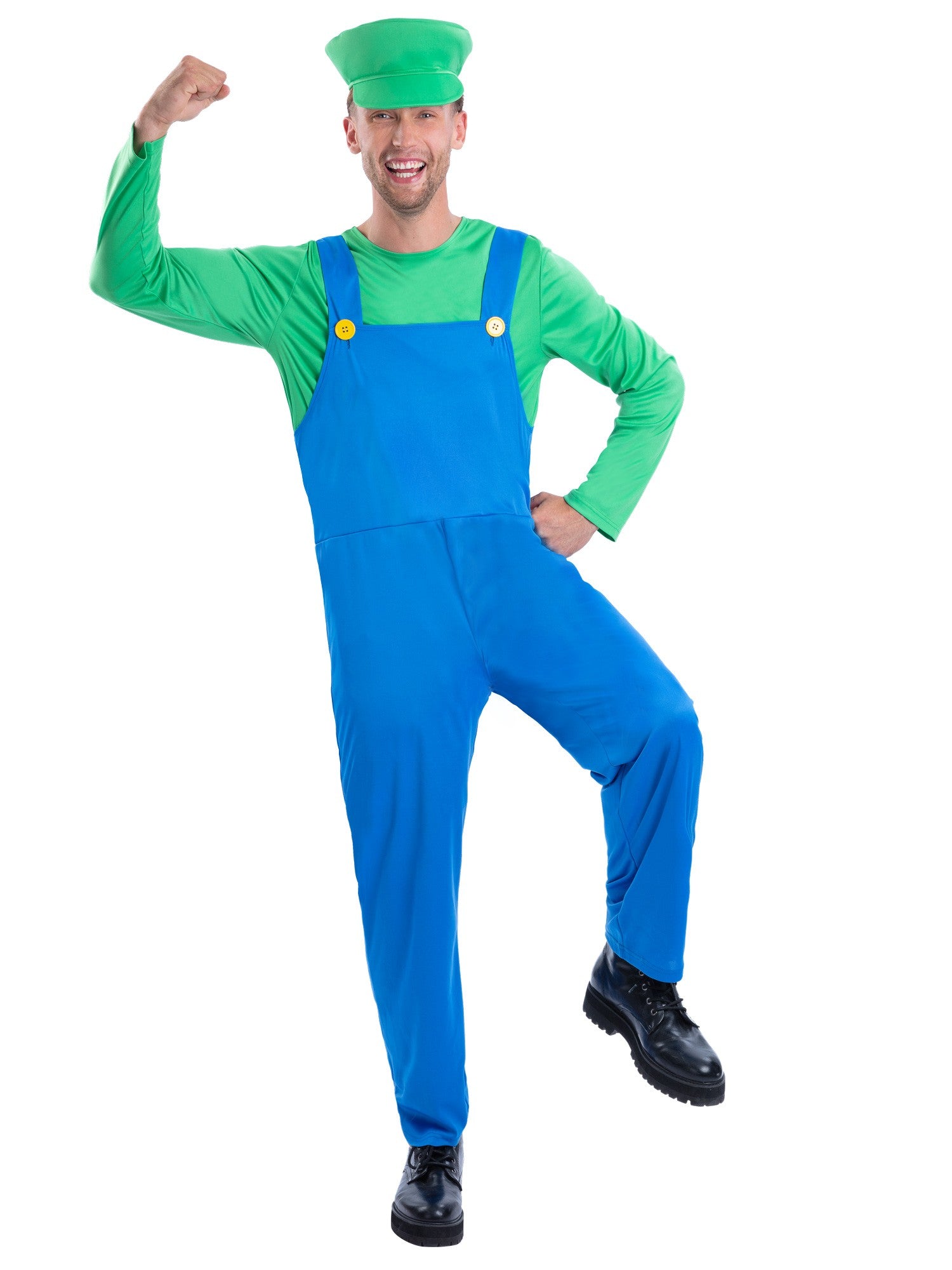 Smiffys Green Plumber Kostüm für Erwachsene mit Oberteil, Latzhose und Cap – Produktansicht