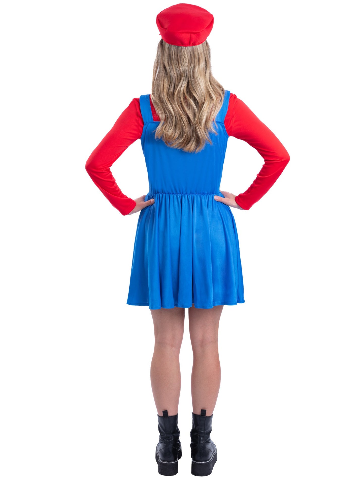 Smiffys Red Plumber Costume für Damen mit Kleid und Kappe – Detailansicht