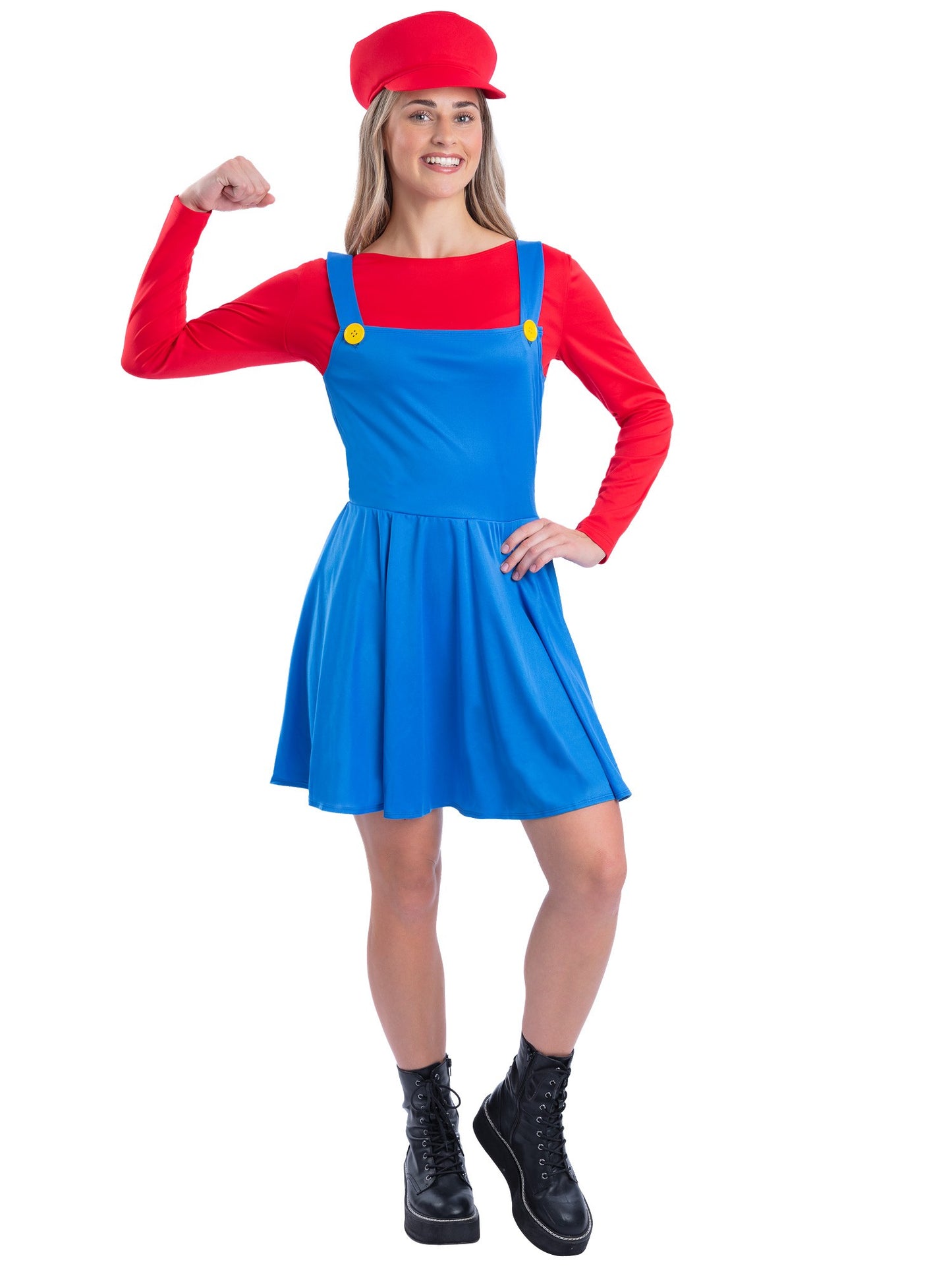 Smiffys Red Plumber Costume für Damen mit Kleid und Kappe – Produktansicht