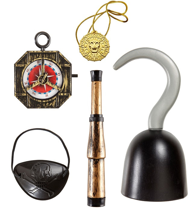 Piraten Zubehör Set mit Haken, Kompass, Teleskop, Augenklappe und Medaillon