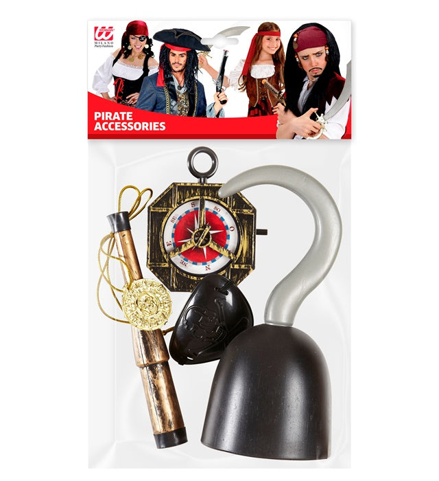 Piraten Zubehör Set mit Haken, Kompass, Teleskop, Augenklappe und Medaillon