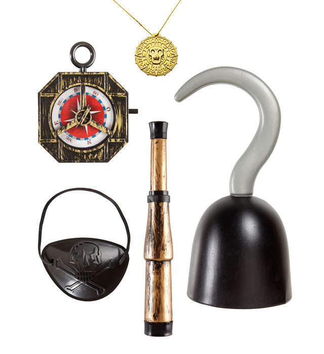 Piraten Zubehör Set mit Haken, Kompass, Teleskop, Augenklappe und Medaillon