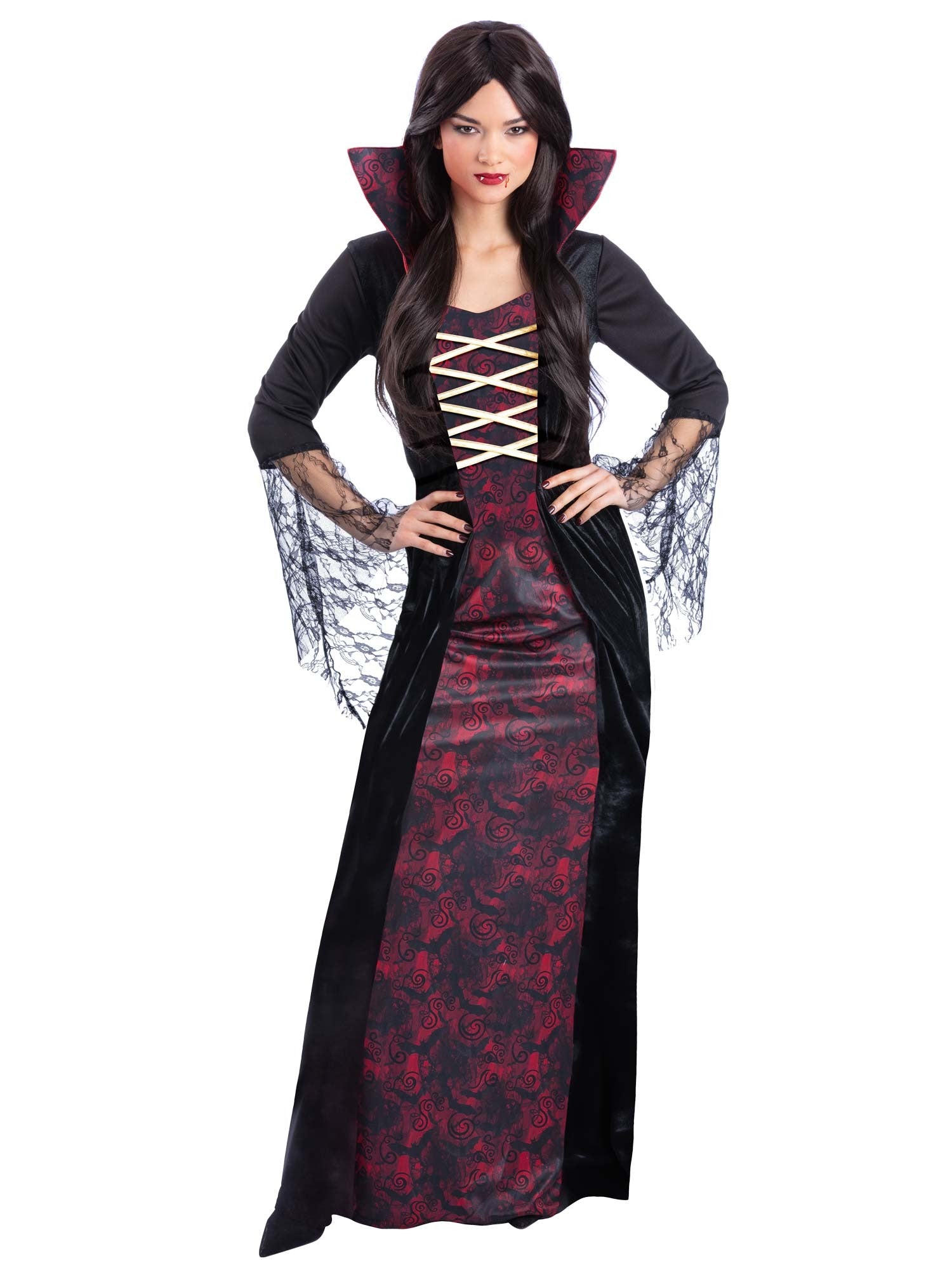 Smiffys Vampiress Kostüm für Damen mit Kleid und angenähtem Kragen – Produktansicht